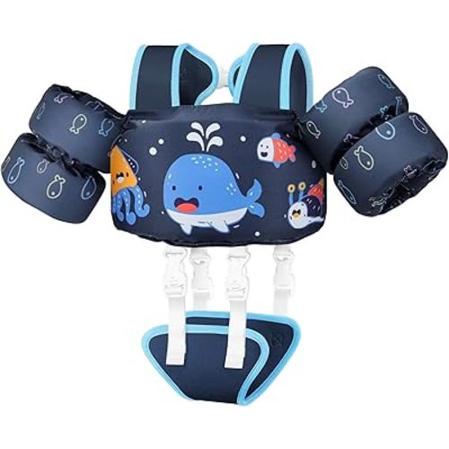 Vvinca Toddler Swim Vest for Kids 13-30lbs/ 30-66lbs Boys Girls Puddle Kid Jumper Toddlers Pool Floaties Jacket with Adjustable Crotch Strap Sleeves Shoulder for 1-3-10 Yrs Baby Infant Learn to Swim