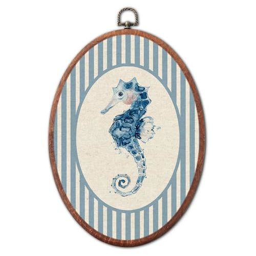 Vintage Seahorse Nursery Oval Wall Art Framed, Sea Creatures Canvas Prints | blue striped canvas,unique retro boy or girl gift hanging wall decor for kids toddler room bedroom playroom, 8.6x11.4 inch