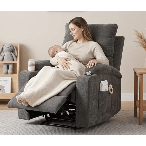 Manual Recliner Chair with Cup Holders, Nursery Chair, Grey