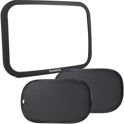 Funbliss Bar Mirror for Baby + 2 Pack Car Window Shades Bundle (19″ × 12″), UPF 50+ Window Shade for Baby in Car, 360° Rotation Fully-Adjustable Straps