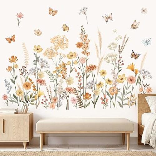 wondever Boho Wildflower Wall Stickers Flowers Floral Grass Peel and Stick Wall Art Decals for Girls Room Living Room Bedroom