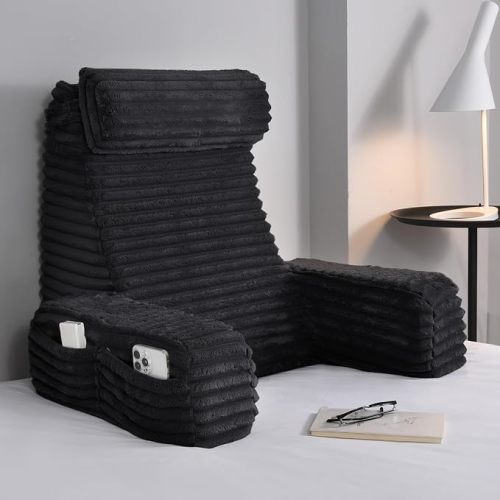 22" XL Back Pillow for Bed Sitting Up with Armrests & Big Pockets