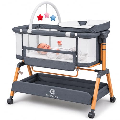 Baby Bassinet Bedside Sleeper, 4-in-1 Rocking Bassinet with Wheels, Gray | 6 Adjustable Heights, Breathable Mesh, Mattress, Lockable Wheels, Mosquito Net & Toy Arch for Newborns
