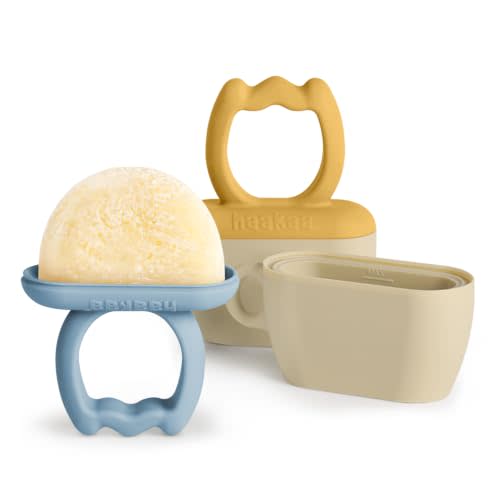 haakaa Breastmilk Popsicle Molds for Baby Teething, 6M+, Sky Blue + Mustard | Frozen Breast Milk & Puree Pops, Cooling Teething Relief, Easy-Grip Teether Handle, Drip-Catching Base, BPA-Free Silicone