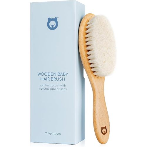 ROMY RO Soft Wooden Baby Hair Brush for Newborns & Toddlers in Chic Gift Box - Ultra Soft Natural Goat Hair - Perfect Registry Gift (Goat hair brush - Oval)
