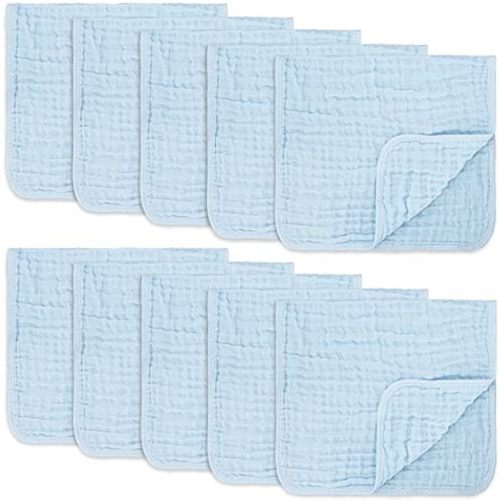 Muslin Burp Cloths 10 Pack Large 100% Cotton Hand Washcloths 6 Layers Extra Absorbent and Soft by Comfy Cubs (Sky Blue, Pack of 10)