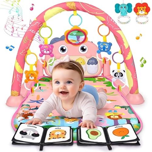 UMIKU Baby Play Mat Baby Tummy Time Mat Infant Newborn Musical Activity Center with High-Contrast Piano Music & Light Newborn Babies Gift for Girl Boy Babies 0-6 6-12 Month Pink Dinosaur