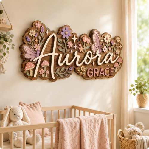 Personalized Butterfly Nursery Name Sign, Layered Wooden Baby Name Sign, Floral Woodland Wall Decor, Custom Baby Girl Room Sign