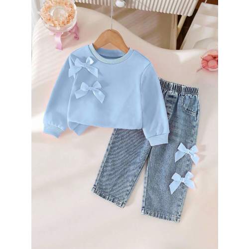 SHEIN Playful Pals 2pcs Girls Casual Chic Crew Neck Lantern Sleeve Bow Decor Sweatshirt And Elastic Waist Loose Straight Leg Jeans Pants Set, Suitable For Spring, Autumn, Back To School Fall Winter | SHEIN USA