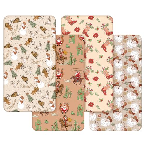 Vitalcozy 4 Pcs Western Christmas Crib Sheet for Standard Nursery Decor | Fits 52x28x8 Inch Mattresses, Nursery Bedding Newborns Toddlers, Elastic Corners, Perfect Baby Shower Gifts Girls Boys