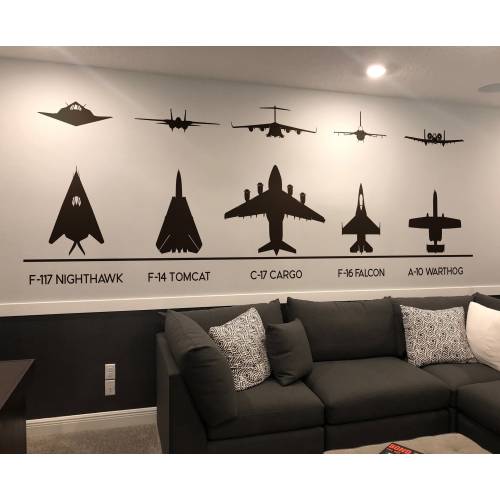F-117, F-14, F-16, C-17, A-10 Military Fighter Jets Wall Decal Stickers. Air Force, Military Veterans Gift. Game Room Man Cave Art. #6644