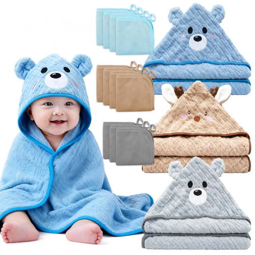 14 PCS Baby Towels, 3 PCS Soft Hooded Baby Towels & 11 PCS Washcloths, Baby Bath Towels for Newborns, Infants & Toddlers- Ultra Absorbent, Cute Baby Towel Gift for Boys