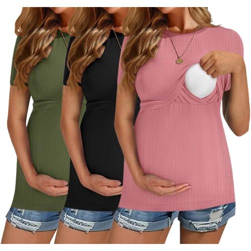 Ekouaer Womens Nursing Tops 3 Pack Short Sleeve Ribbed Breastfeeding Shirts Double Layer Maternity Shirt Pregnancy Clothes
