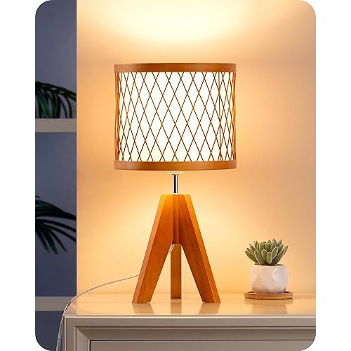 EDISHINE Small Table Lamp, 14.17" Wood Tripod Bedside Lamp with Bamboo Lampshade & PVC Shade, ON-Off Switch & E26 Base, Boho Nightstand Lamp for Living Room, Bedroom