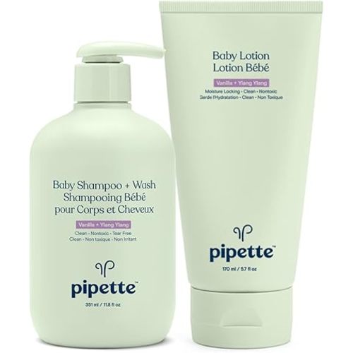 Pipette Baby Bathtime Bundle - Vanilla + Ylang Ylang Shampoo + Wash and Baby Lotion, Tear-Free, Hydration & Natural Moisture of Baby's Delicate Skin, Renewable Plant-Derived Squalane, Sulfate Free