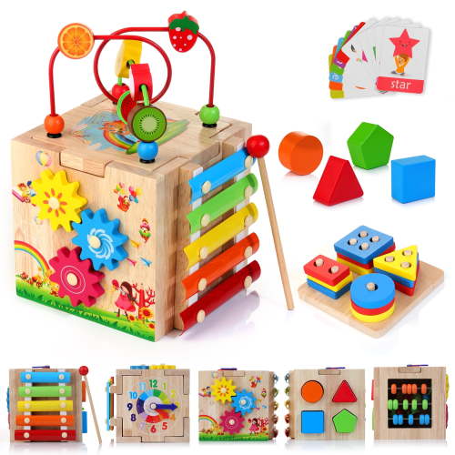 Woodmam Wooden Activity Cube, 8-in-1 Kids Baby Busy Toy, Montessori Learning Gift Set for 12+ Months Toddlers