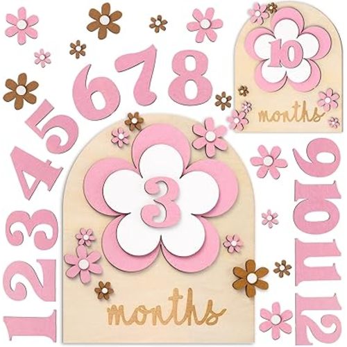 26 Pcs Baby Monthly Milestone Cards Set, 7 x 6 Inch Wooden Monthly Milestone Discs Milestone Wooden Circles One Month Baby Sign Milestone for Girl(Flower)