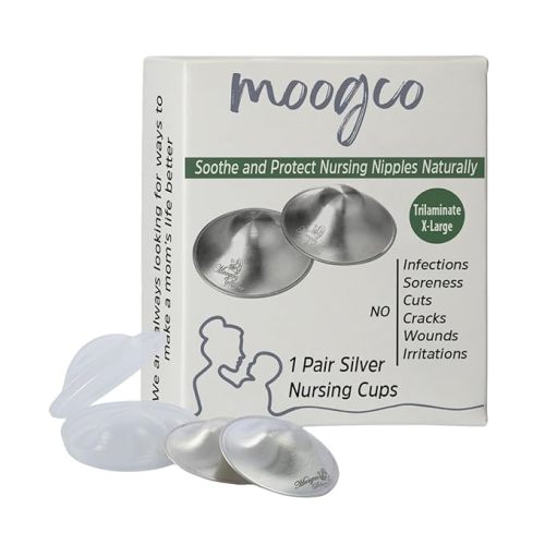 Moogco The Original Silver Nursing Cups - Nipple Shields for Breastfeeding Newborn - Breastfeeding Essentials - Nipple Covers Breastfeeding - 999k Silver - Tri-Laminate Silver X-Large Size