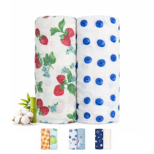 Bamboo Cotton Muslin Swaddle Blanket for Newborn Baby Girls, Breathable Soft Lightweight Receiving Blanket, Floral Strawberry Baby Swaddle, Extra Large Muslin Blanket 47x47, 2 Pack–Strawberry Garden