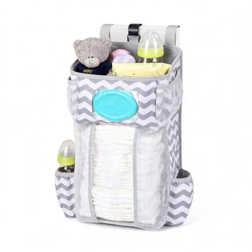Diaper Organizer for Changing Table - Hanging Diaper Caddy - Crib Organizer | 600D water-resistant polyester diaper holder: 3 compartments for diaper storage and wipes; hangs on playpen, bassinet or wall