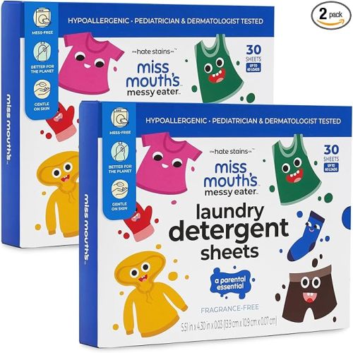 Miss Mouth's Messy Eater Laundry Detergent Sheets - 120 Loads Travel Friendly Detergent Sheets - Hypoallergenic, Sensitive Skin Safe, Pediatrician and Dermatologist Tested, Fragrance Free