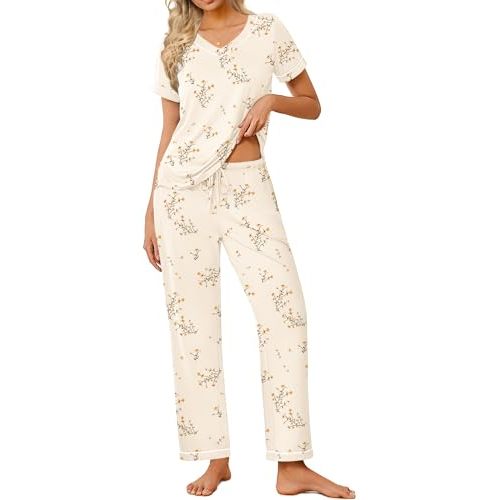 Ekouaer Pajamas for Women Set 2 Piece Lounge Set Soft Pajama Sets Short Sleeve and Pants Pj Sets Loose Sleepwear with Pockets