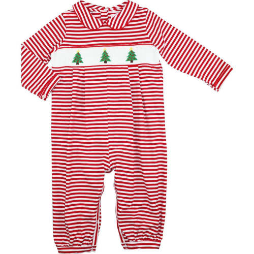 Red Stripe Knit Smocked Christmas Tree Long Romper