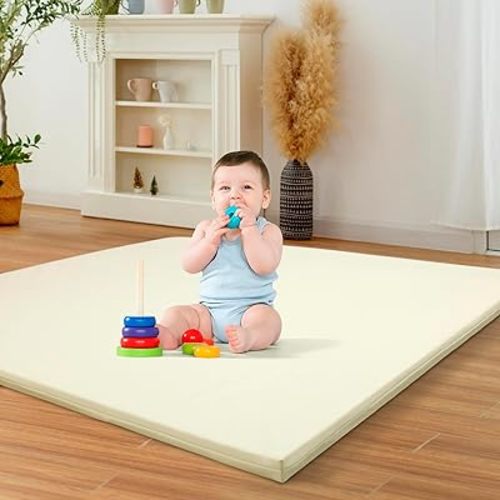 Baby Play Mat for Boy or Girl - 1.4" Extra Thick & Super Soft Vegan Leather Floor Mat, Waterproof & Anti-Slip Baby Crawling Mats, Playmats for Babies and Toddlers, Playpen Mat Fits Any Playroom, Beige