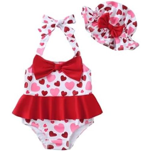 Kucnuzki Baby Girl Swimsuit Newborn One Piece Bathing Suit Bow Tie Bikini Tankini Infant Swimwear with Hat