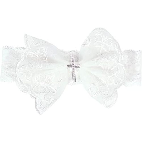 Baby Girl's Elegant Lace Bow Knot Headband Children's Rhinestone Pearl Lace Headband for Birthday Party Photography (White Cross)