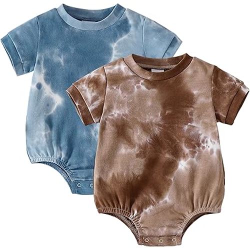 ROMPERINBOX Baby Boy Bodysuits 2 Pack Tie Dye Short Sleeve Onsies Infant Bubble Romper 0-24 Months