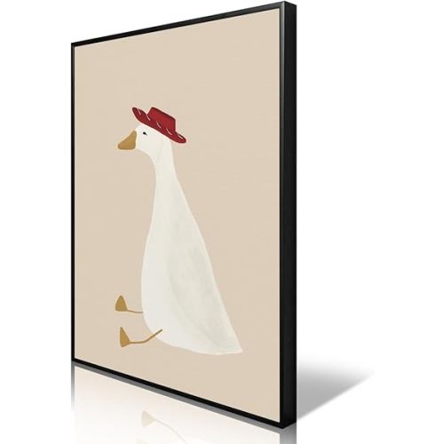 Silly Goose Canvas Wall Art, Cute Nursery Animal Poster, Goose With Red Cowboy Hat Print for Baby Boys Room, Neutral Beige Farm Animal Painting for Kids Playroom Wall Decor 8x12in Unframed