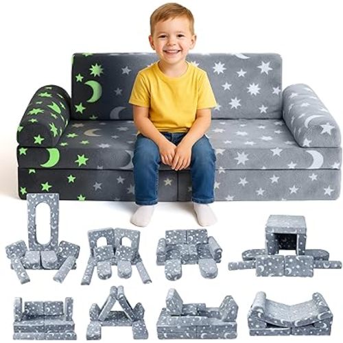 WONDERME 2-Seater Modular Kids Play Couch – 10pc Glow in the Dark Creative Kids Couch for Playroom, Living Room, and Bedroom Fortplay – Convertible Foam and Floor Cushion for Ages 1 to 10
