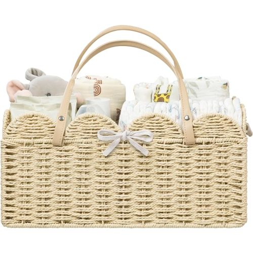HBlife Baby Diaper Caddy, Paper Rope Storage Baskets Nursery Bin with Removable Divider, Portable Car Organizer for Diapers, Baby Shower Gifts, Newborn Essentials Must Haves