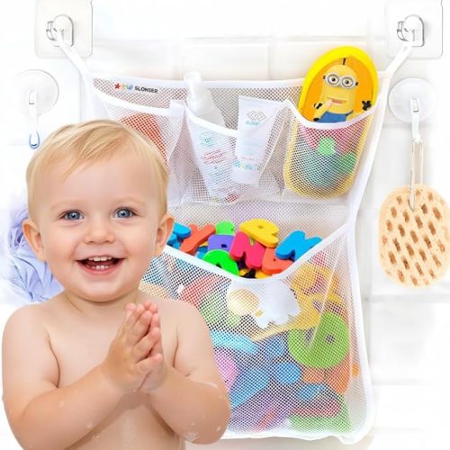 Bath Toy Storage Organizer for Bathtub – Large Mesh Bath Toy Holder & Bath Toy Net, Corner Bathtub Toy Storage with 3 Strong Suction Cups, 3 Adhesive Hooks, Quick-Dry Toy Holder for Tub & Shower