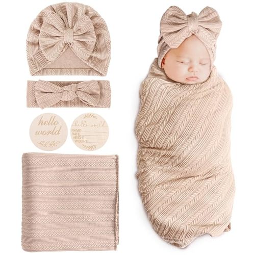 DRESHOW BQUBO Baby Swaddle Blankets for Girls, 4PCS Newborn Accessories Set with Hat and Bow Headband with Hello World Wooden Birth Announcement Card, Baby Blankets for Girls