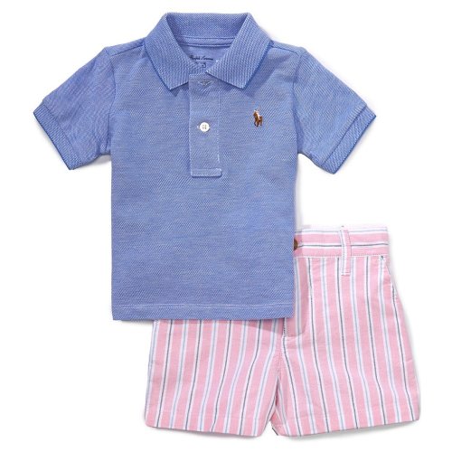 Ralph Lauren Baby Boys Short Sleeve Oxford Mesh Polo Shirt & Striped Shorts Set