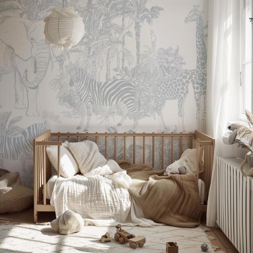Blue Safari Wallpaper Mural – Vintage Jungle Animals for Nursery, Peel and Stick or Pre-pasted KM440