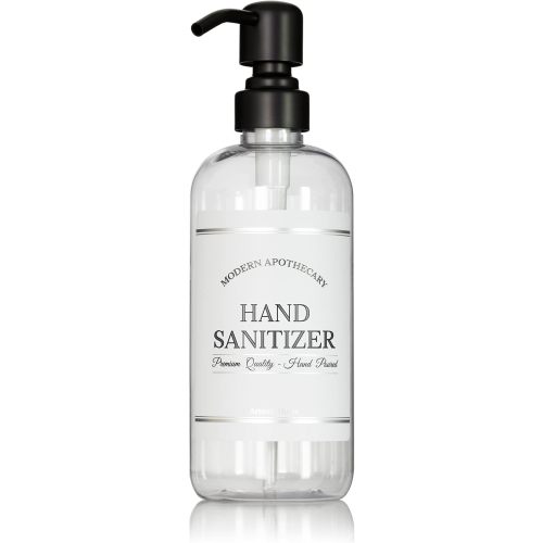 Refillable Clear PET Plastic 16 oz Empty Hand Sanitizer Bottle with Black Satin Pump Dispenser - Chrome Accent Waterproof Labeled Bottle