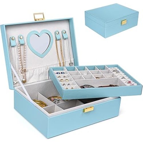 Dajasan Jewelry Box for Teenage Girl Gifts, Jewelry Organizer Box for Little Girls Kids, 2-Layer Large Jewelry Gift Box for Christmas, Valentine's Day, Birthday, Mother's Day (Blue)