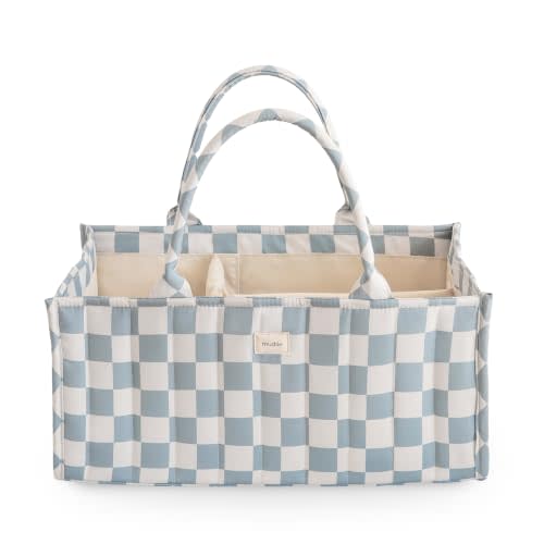 mushie Baby Diaper Caddy | Newborn Essentials Organizer (Blue Check)