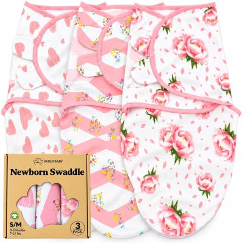 Newborn Swaddle Blanket 3-Pack, S/M 0-3 Months, GOTS Certified Organic Cotton, Adjustable Hook-and-Loop Wrap, Soft Breathable Sleep Sack, Reduces Startle Reflex for Boys & Girls
