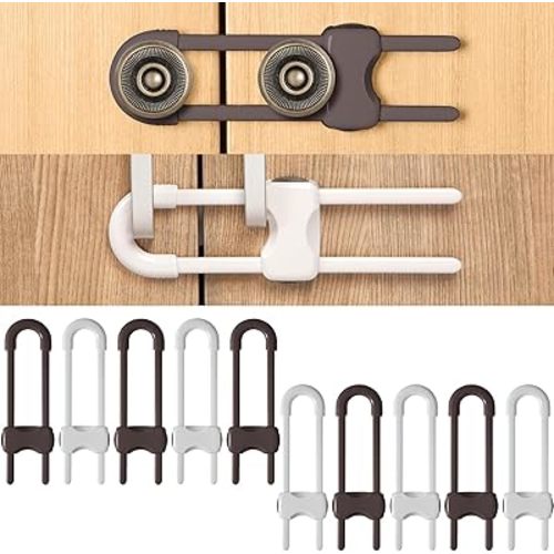 Jetec 10 Pieces Cabinet Locks for Babies, U-Shaped Proofing Drawers Safety Child Locks Adjustable, Easy to Use Childproof Latch for Knob Handle on Kitchen Door Storage Cupboard Closet (Brown,White)