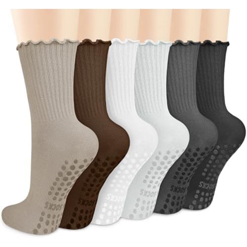 Justay 6 Pairs Womens Pilates Socks with Grips Crew Non Slip Ruffle Cotton for Athletic Workout Barre Hospital Yoga Socks