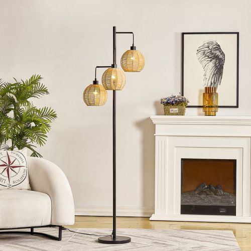 Maxax 72" Rattan Floor Lamp, 3-Lights Boho Rattan Shade Tree Floor Lights for Bedroom