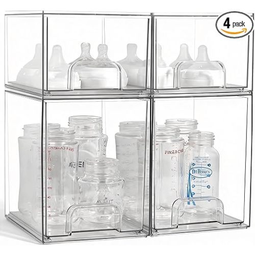 Baby Bottle Organizer, 4 Pack Clear Space-Saving Stackable Drawer with Handle, Baby Bottle Storage Organizer for Countertop and Cabinet
