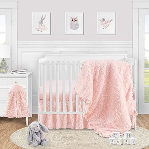 Sweet Jojo Designs 4-Piece Baby Crib Bedding Set (Blush Pink Floral Rose) for Girls, Infants/Nursery incl. Blanket, Fitted Sheet, Skirt, Diaper Stacker (Elegant, Princess, Luxury, Glam, Ruffle Roses)