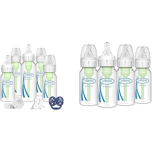 Dr. Brown's Natural Flow Anti-Colic Options+ Narrow Baby Bottle Gift Set with Advantage Pacifier, and Bottle Travel Caps & Dr. Brown’s Anti-Colic Options+ Baby Bottles, Narrow, 4 oz, 4pack