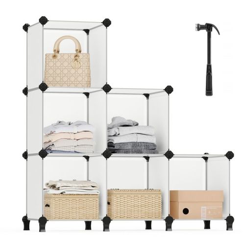 SONGMICS 6 Cube Storage Organizer, DIY Closet Shelf, Plastic Clothes Organizer, Modular Bookcase, with Feet and Rubber Mallet, White