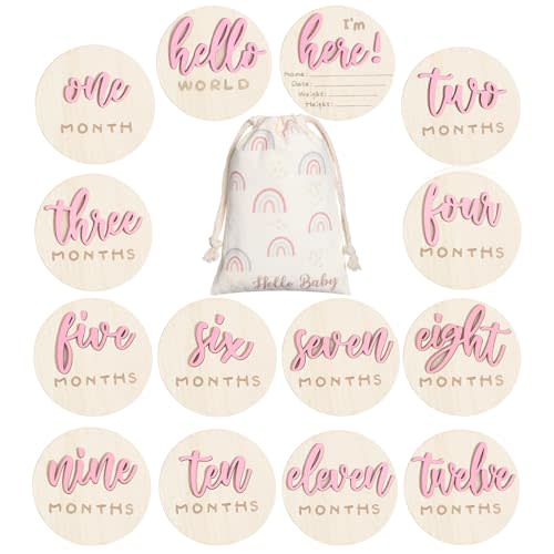 Burbell Baby Monthly Milestone Announcement Signs Wood,Pink,Letter | 7 Pack, 3D Double Sided Hello World Newborn Card Signs, Wooden Circles Discs, for Welcome Newborn Shower Boy Girl Photo Props